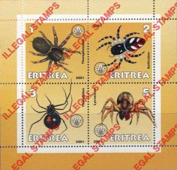 Eritrea 2001 Spiders Counterfeit Illegal Stamp Souvenir Sheet of 4 Eritrea 2001 Spiders Counterfeit Illegal Stamp Souvenir Sheet of 4